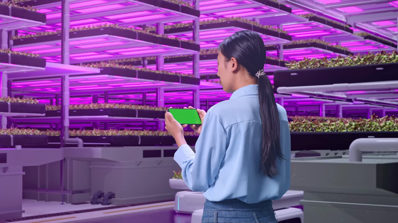 Woman using phone in vertical farm