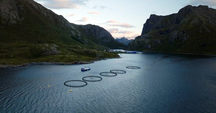 Fiordo norvegese, allevamento di salmoni con gabbie marine circolari, arcipelago delle Vesterålen in Norvegia. Aerea in avanti, paesaggio idilliaco