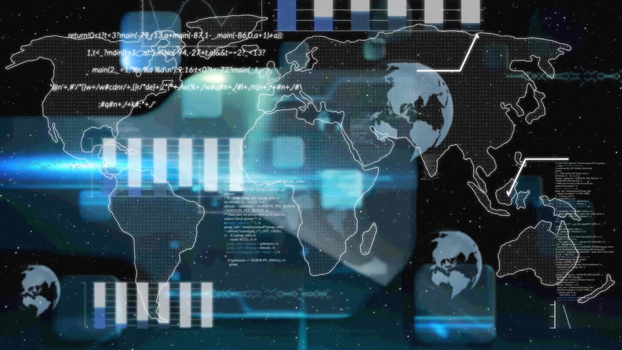 Animation of scopes scanning and data processing over world map on digital screen