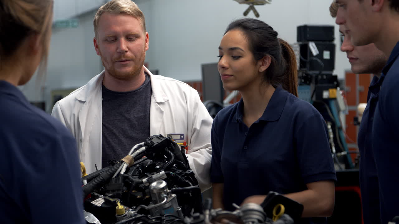 tutor explicando cómo funciona el motor a un grupo de aprendices