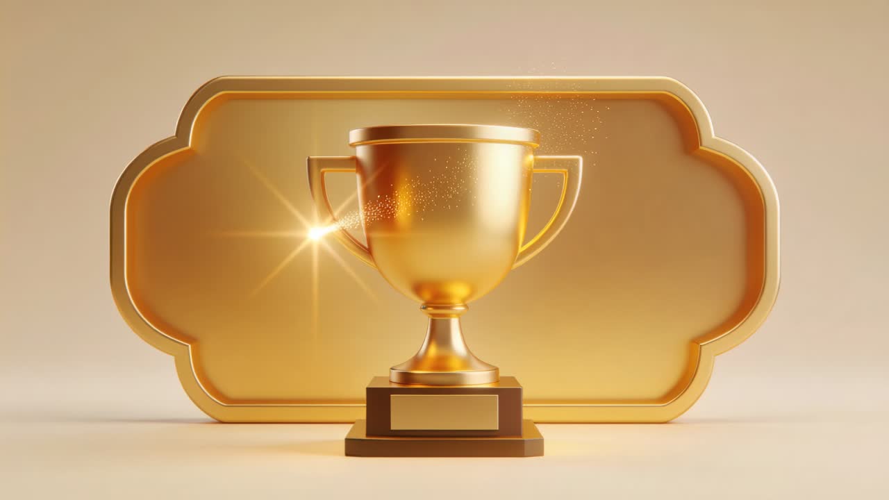 Shifting lens flare appearing and drawing attention to gold trophy on pedestal at studio, nameplate