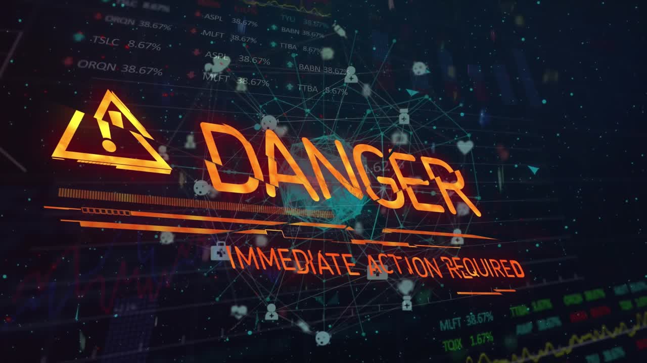 Animation of warning symbol and danger text over globe of digital icons and data processing