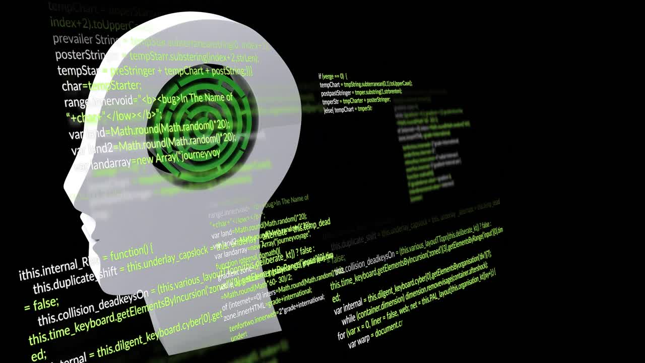 animación de procesamiento de datos por computadora sobre la cabeza con laberinto