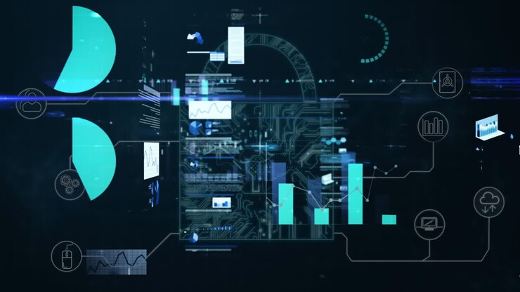 Animation of data processing and online security padlock on screen