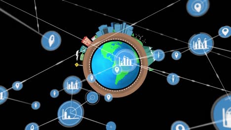 Animation-of-network-of-connections-with-icons-and-globe-on-black-background