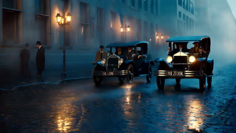 vintage cars in a night city street scene