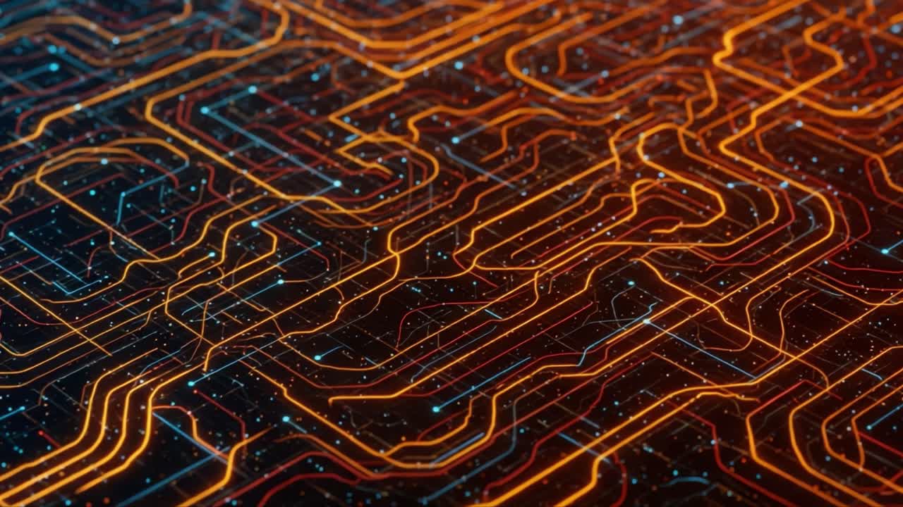 A Stunning Visual Representation of Digital Circuitry with Dynamic Lines and Glowing Nodes, Exploring the Intricacies of Modern Technology and Connectivity