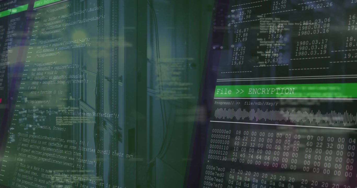 Code scroll starting green bars sliding, encryption UI pulsing waveform dumping hex for encryption