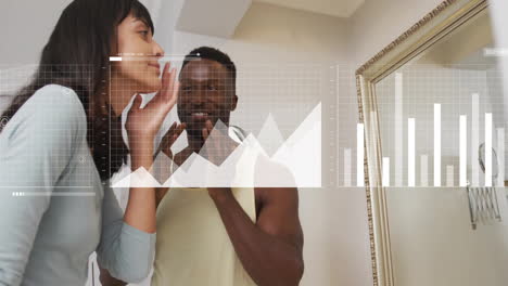 animation of digital data processing over diverse couple looking in mirror