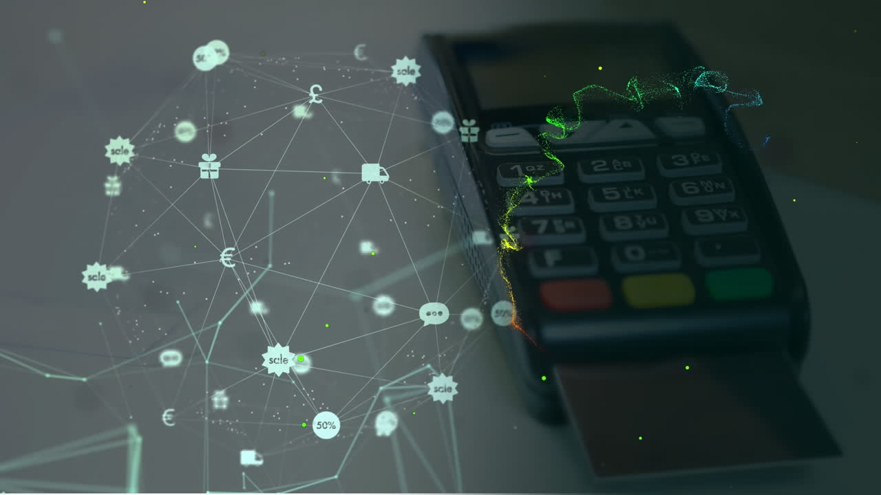 카드 리더 위에 지구와 반이는 원과 날아가는 줄무를 형성하는 아이콘의 애니메이션