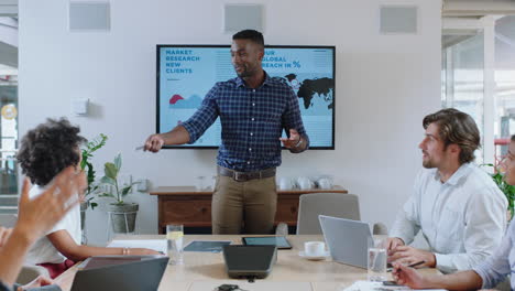 Gente-De-Negocios-Reunida-En-La-Sala-De-Juntas-Líder-Del-Equipo-Afroamericano-Presentando-Estrategia-Financiera-Con-Datos-Gráficos-En-La-Pantalla-De-Televisión-Informando-A-Colegas-Discutiendo-Ideas-En-La-Presentación-De-La-Oficina