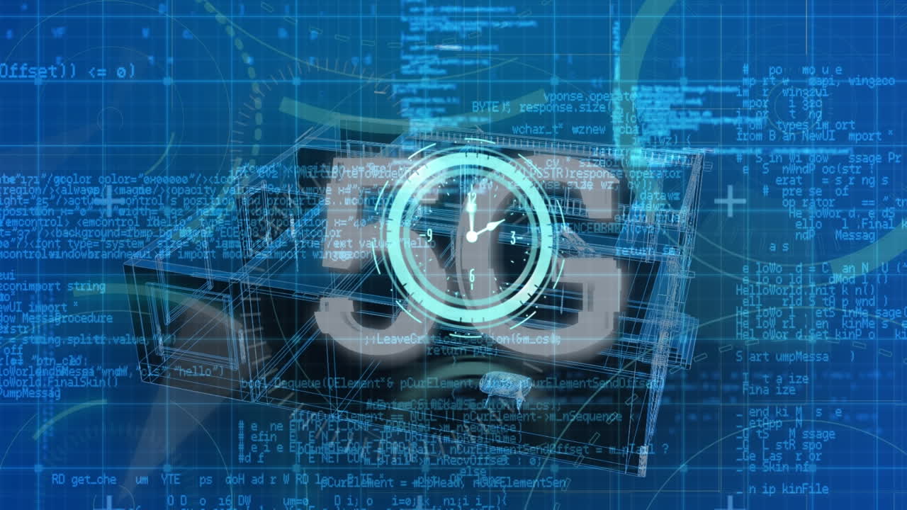 Animation of clock moving and 5g over house project and data processing