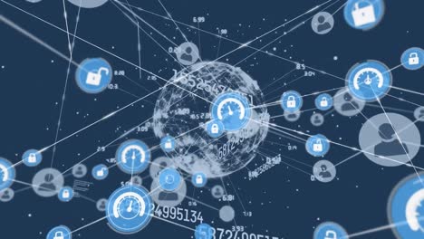 animación de la red de conexiones con iconos digitales y globo con números cambiantes