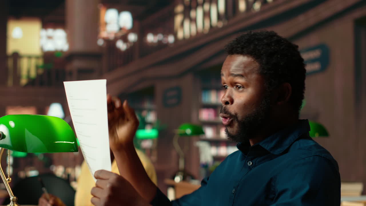 estudiante negro ensayando líneas del guión para el curso de la escuela de teatro