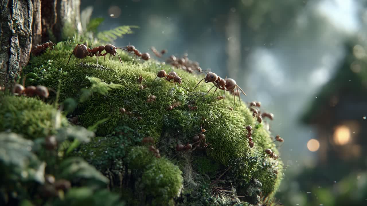 A Detailed Close-Up of Ants Scouting and Moving Across Lush Green Moss in a Natural Forest Environment, Showcasing Insect Life and Their Ecological Role