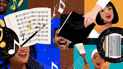 a collage of music, art, and faces