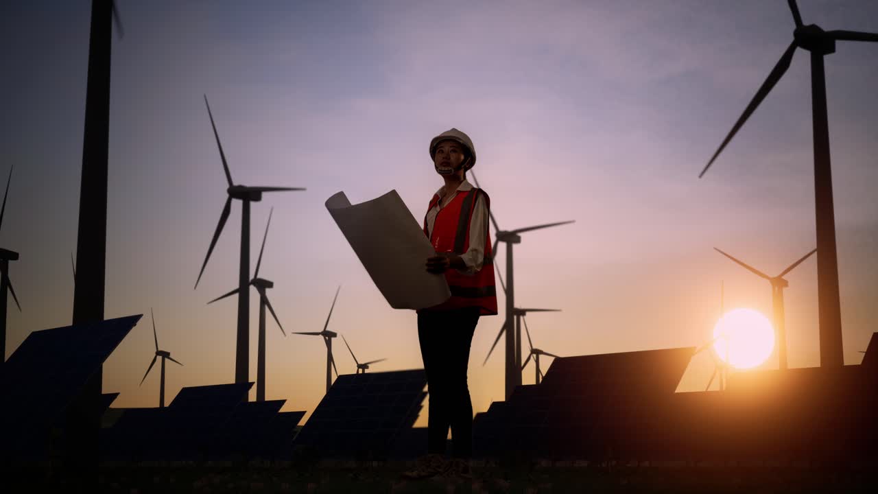헬을 입은 아시아 여성 엔지니어가 해가 지면 회전하는 풍력 터빈 앞에 서서 청사진을 보고 주변을 둘러보고 있습니다.