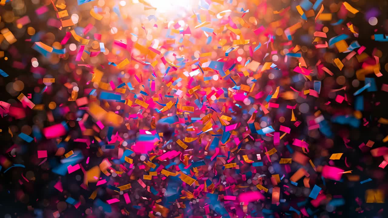 Pulling back, camera revealing colorful confetti cluster coalescing into glowing orb, forming halo