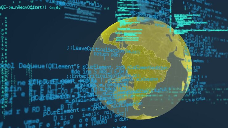 Digital animation of data processing over spinning globe on blue background