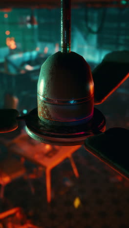 ventilador de techo oxidado en una habitación oscura, cyberpunk