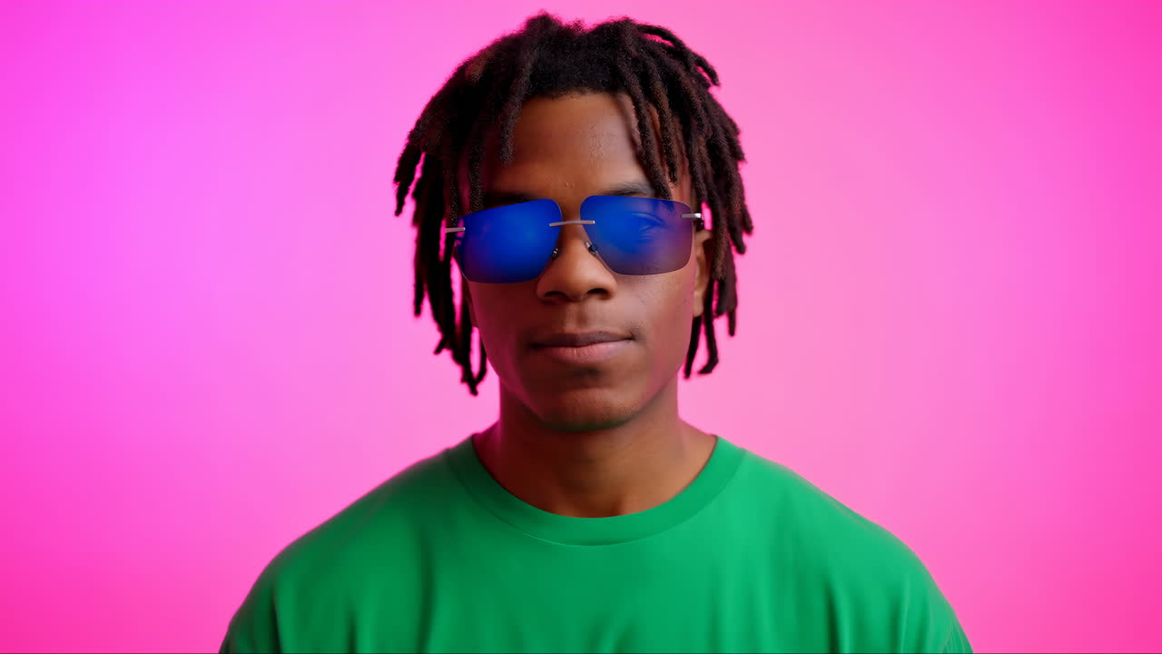 Giovane uomo afroamericano con dreadlocks e occhiali da sole blu in posa in studio