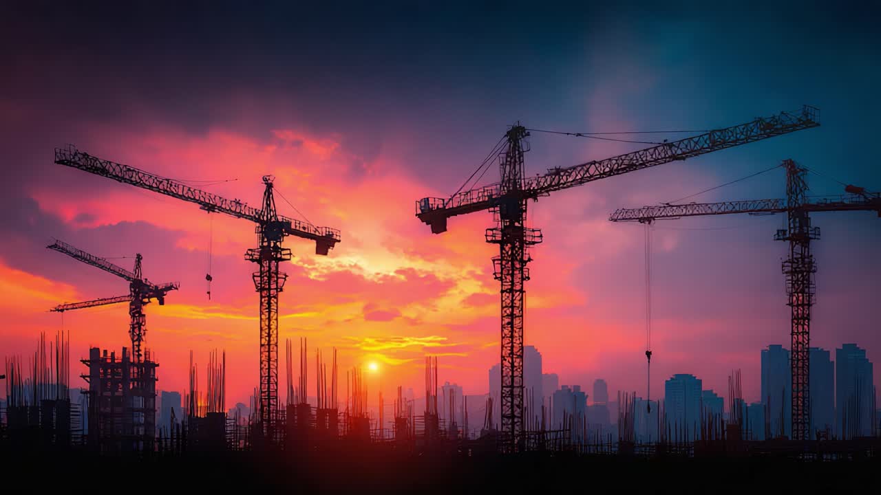 Dramatic Sunset Over Construction Site with Cranes Silhouetted by a Vibrant Sky, Showcasing Urban Development and Industrial Growth