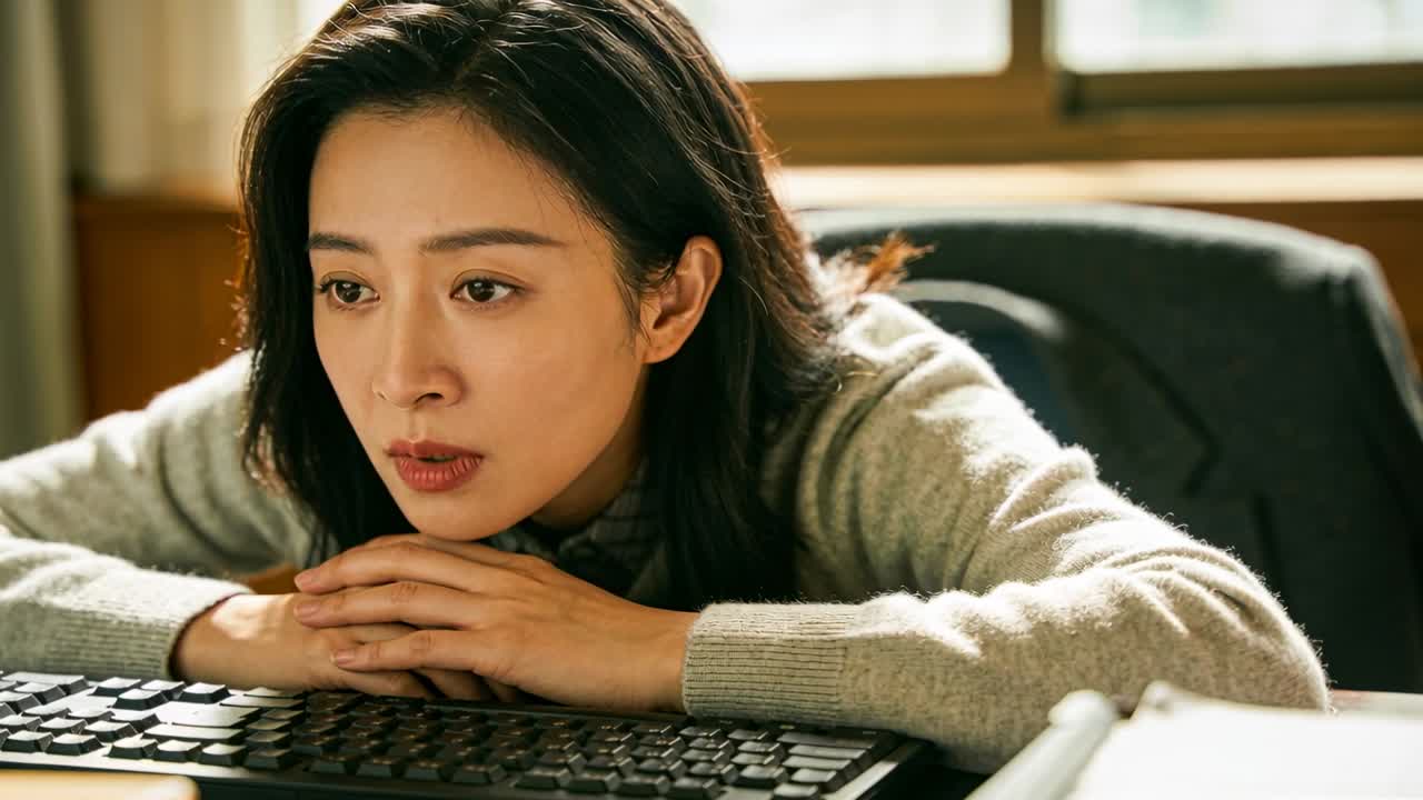 연회색 스웨터를 입은 아시아 여성이 키보드가 있는 책상에 기대어 앉아 화면 콘텐츠에 반응하고 있습니다.