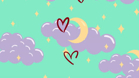 animation of red hearts and clouds with stars on green background