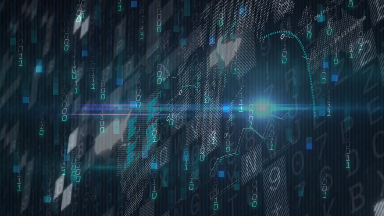 Processing digital binary code over abstract technological background in animation