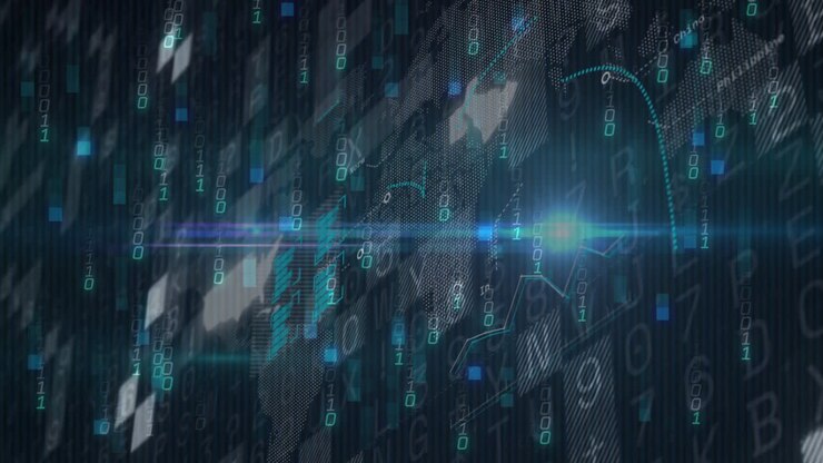 Processing digital binary code over abstract technological background in animation