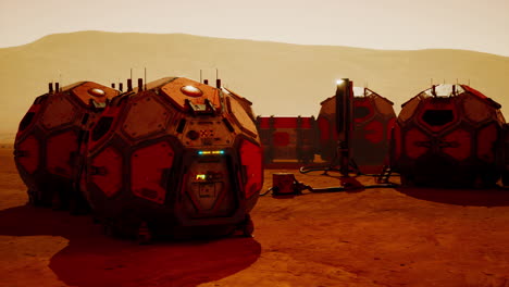 exploración de un hábitat base marciano bajo un cielo naranja polvoriento
