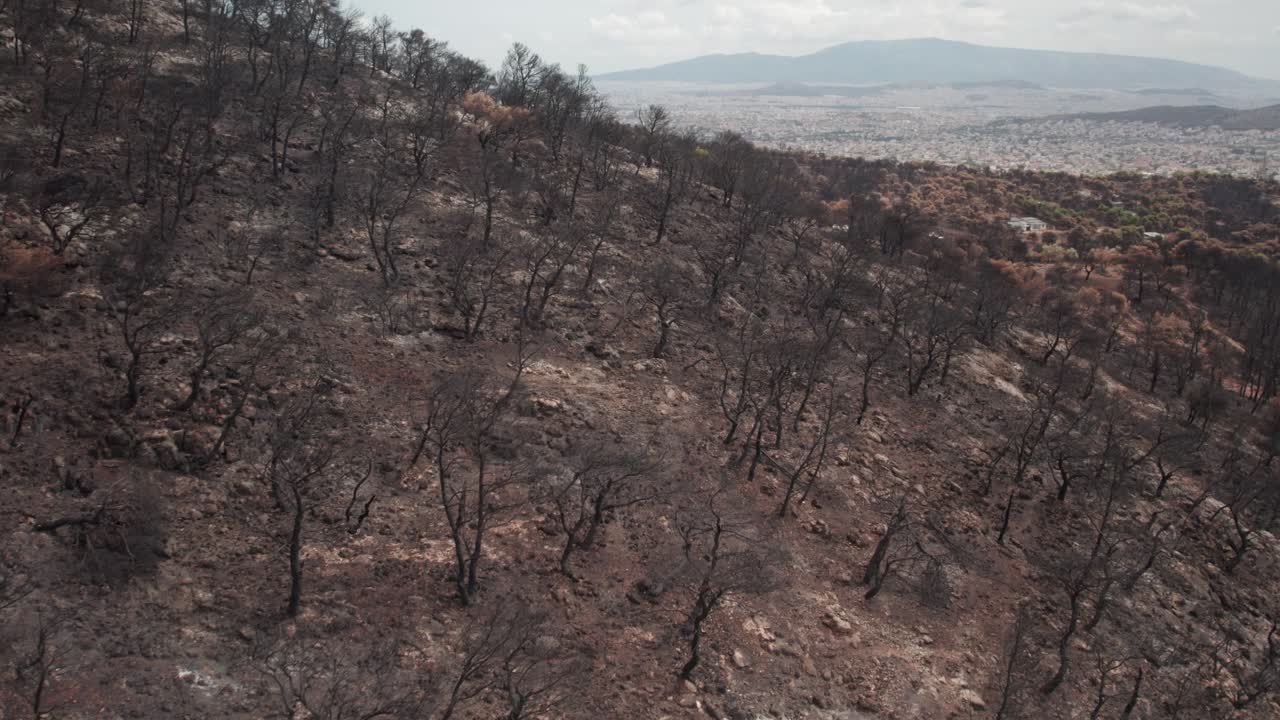 Vuelo de dron sobre la ladera del monte Parnitha después de que un incendio forestal lo calcinara por completo, Grecia