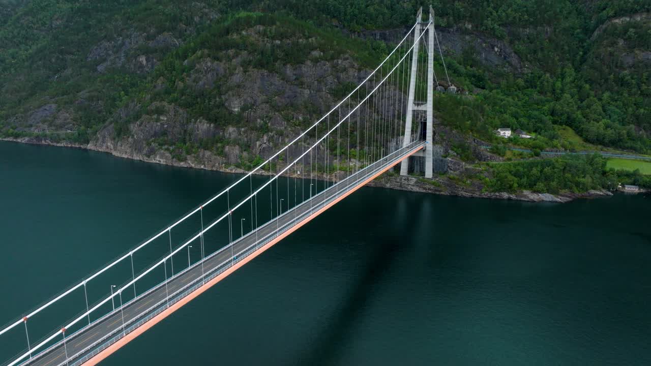 Aerial View of a Suspension Bridge over a Fjord in Norway
