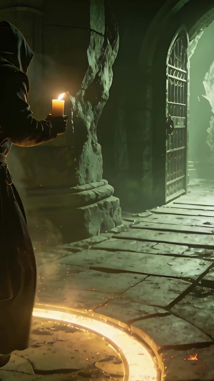 Vídeo vertical: Reagindo ao brilho de um sigilo, figura encapuzada e com vestes erguendo-se até o portão, com uma vela, espaço para texto.