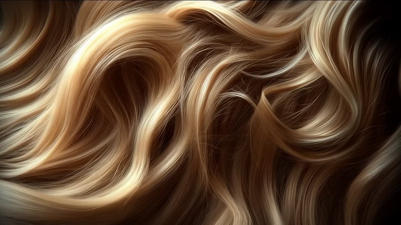 Golden hair adds texture. Luxurious golden hair cascades in soft waves, showcasing rich texture and movement under gentle lighting.
