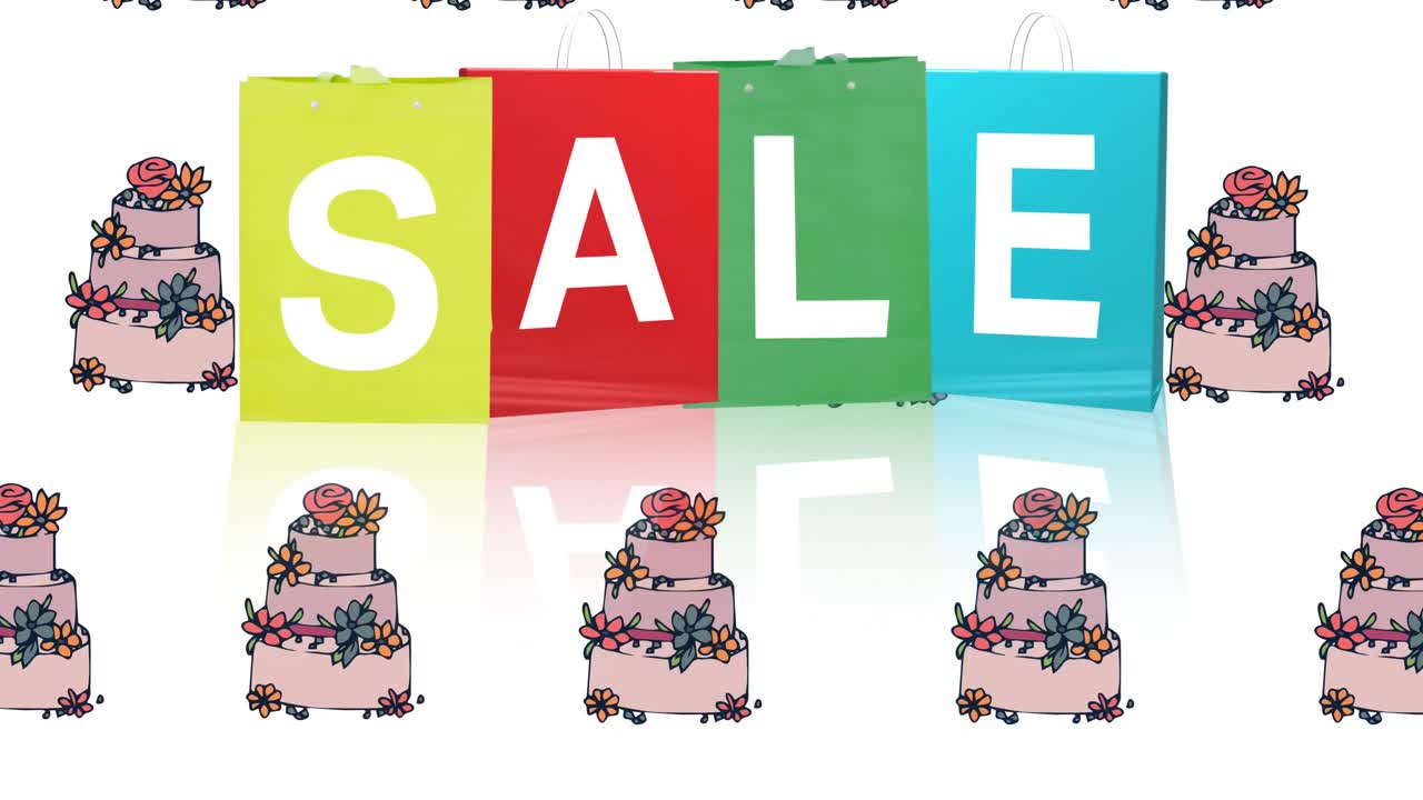 ⁇ 색 배경에 여러 케이크 아이콘을 대비하여 다채로운 쇼핑 가방에 판매 텍스트