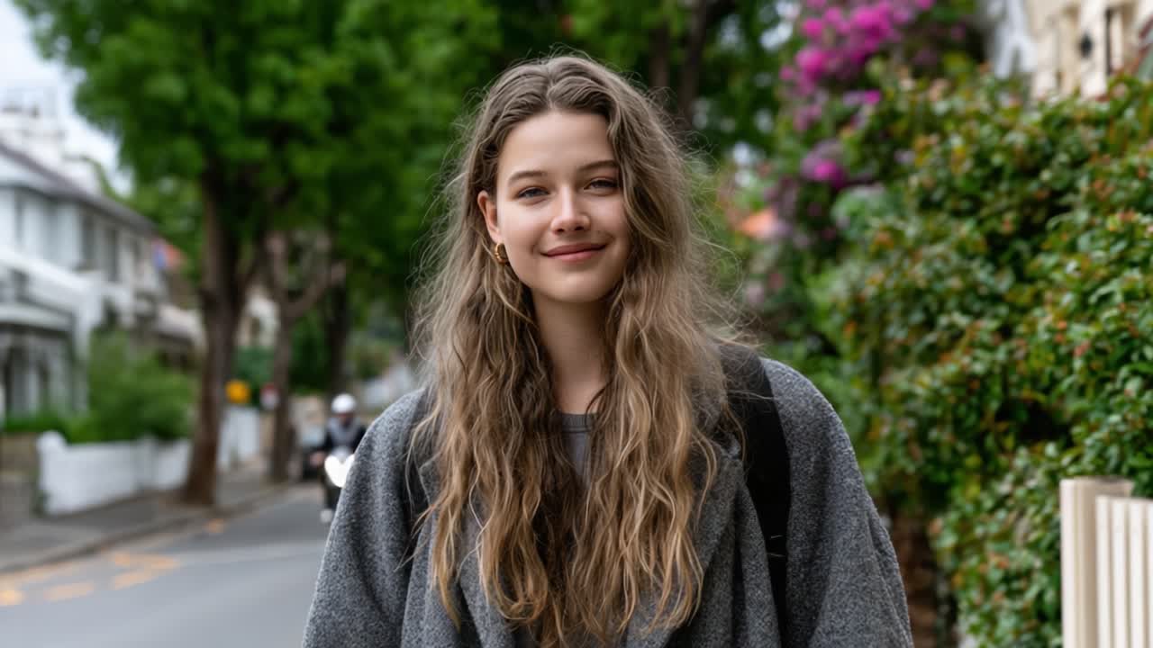 Una Giovane Donna con Capelli Lunghi e un Sorriso Caldo Cammina Lungo una Strada Alberata Circondata da una Vegetazione Rigogliosa e Fiori Colorati.