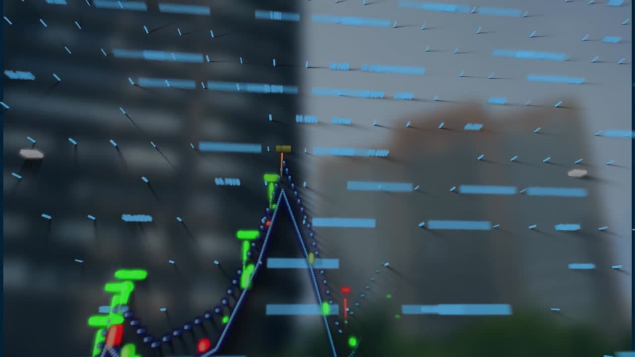 높은 건물의 낮은 각도 시야에 대한 금융 데이터 처리의 애니메이션