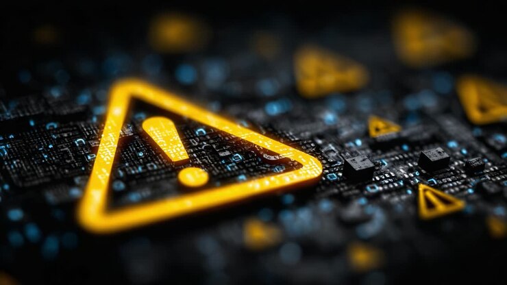 Un segnale di avviso vivace che illumina un circuito stampato digitale, evidenziando potenziali errori in una rete di connessioni dati in un ambiente tecnologico
