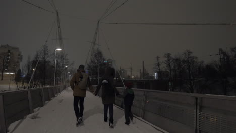 Padres-Con-Niños-Tomados-De-La-Mano-Y-Caminando-En-La-Ciudad-De-Invierno-Por-La-Noche.