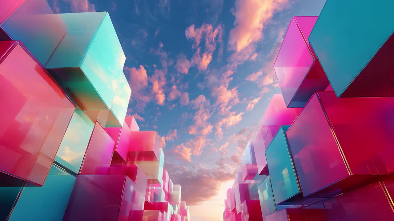 A breathtaking view of vibrantly colored translucent cubes arranged in a mesmerizing pattern against a stunning sky, highlighting the interplay of light and color in a surreal abstract landscape
