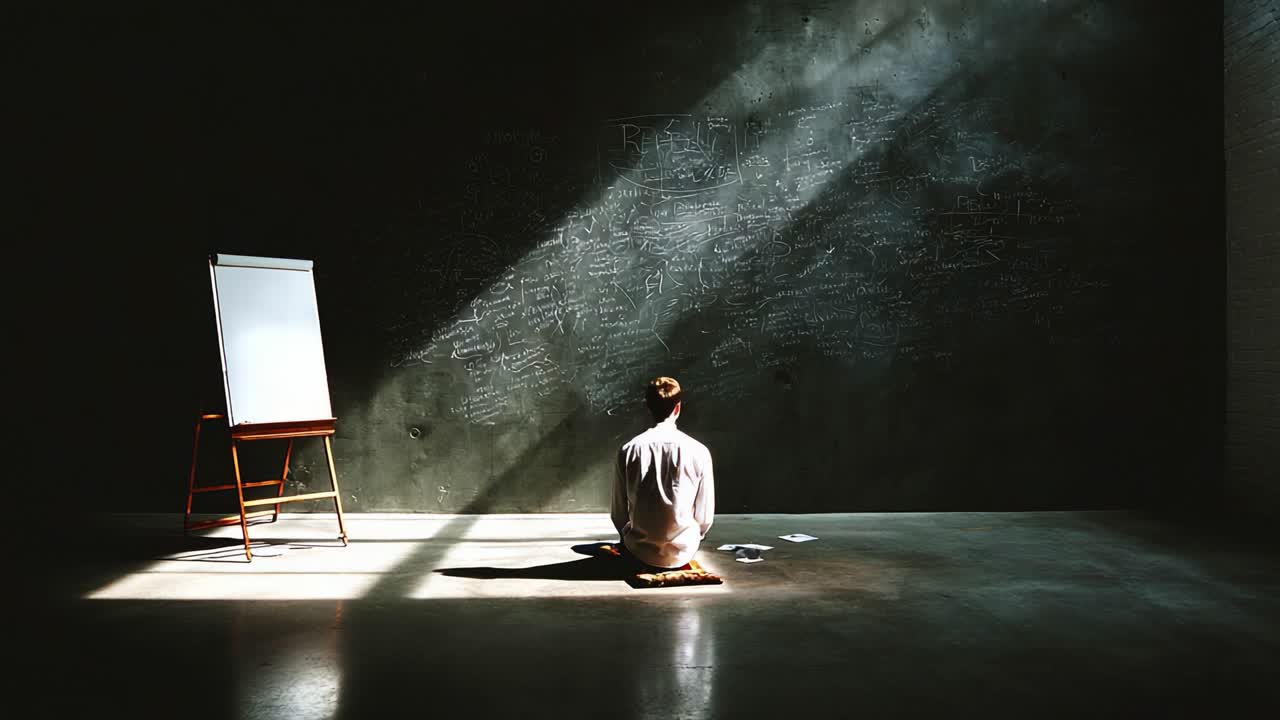 Contemplation and Learning: A Solitary Figure Engaged in Deep Reflection in a Dimly Lit Room with Chalkboard and Papers, Exploring Ideas and Creating Connections