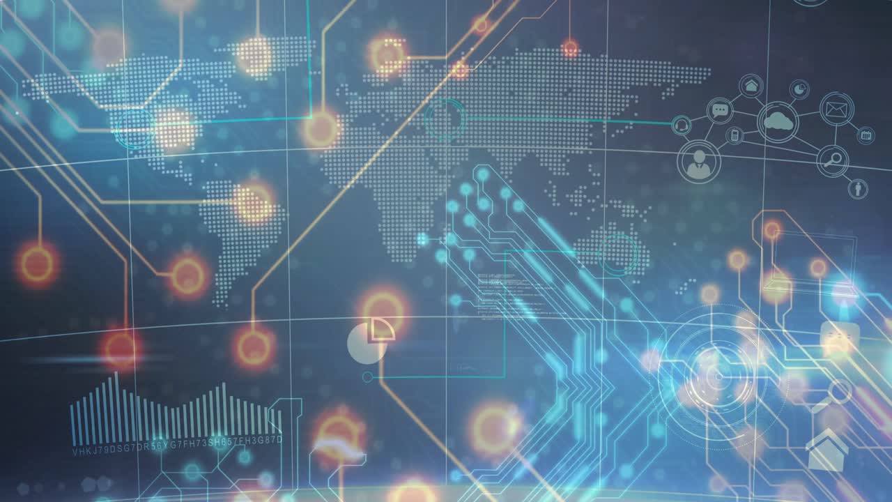 World map fading in at start, orange nodes pulsing, circuits extending simulating global data flow