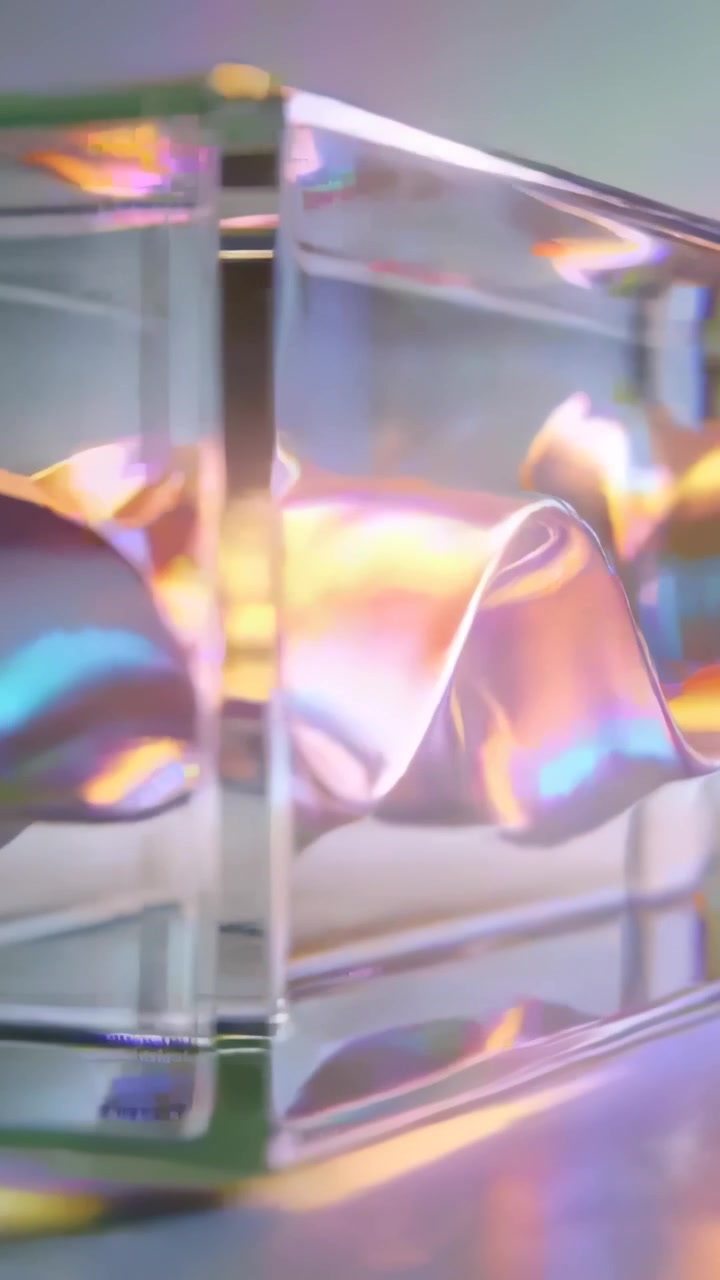 Vertical video: Pulling camera revealing iridescent ribbon inside acrylic block on reflective table
