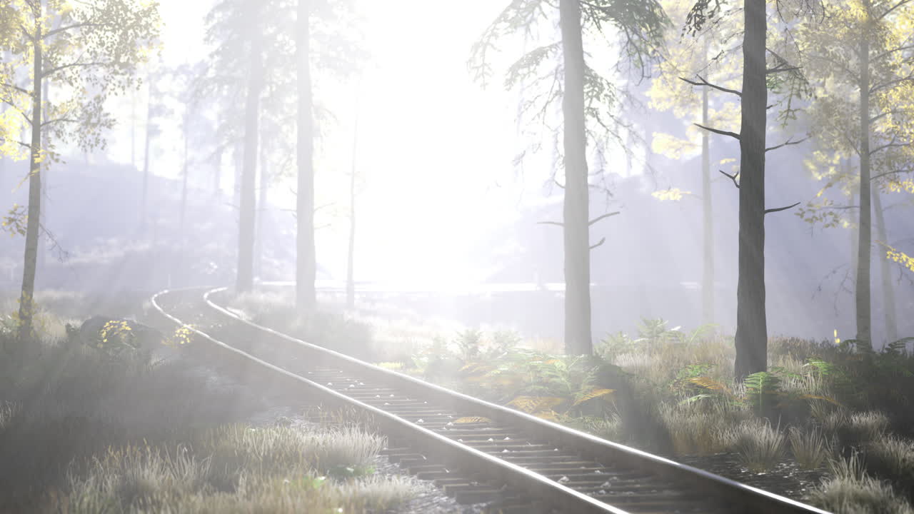 Serene railway track winding through a misty forest at dawn