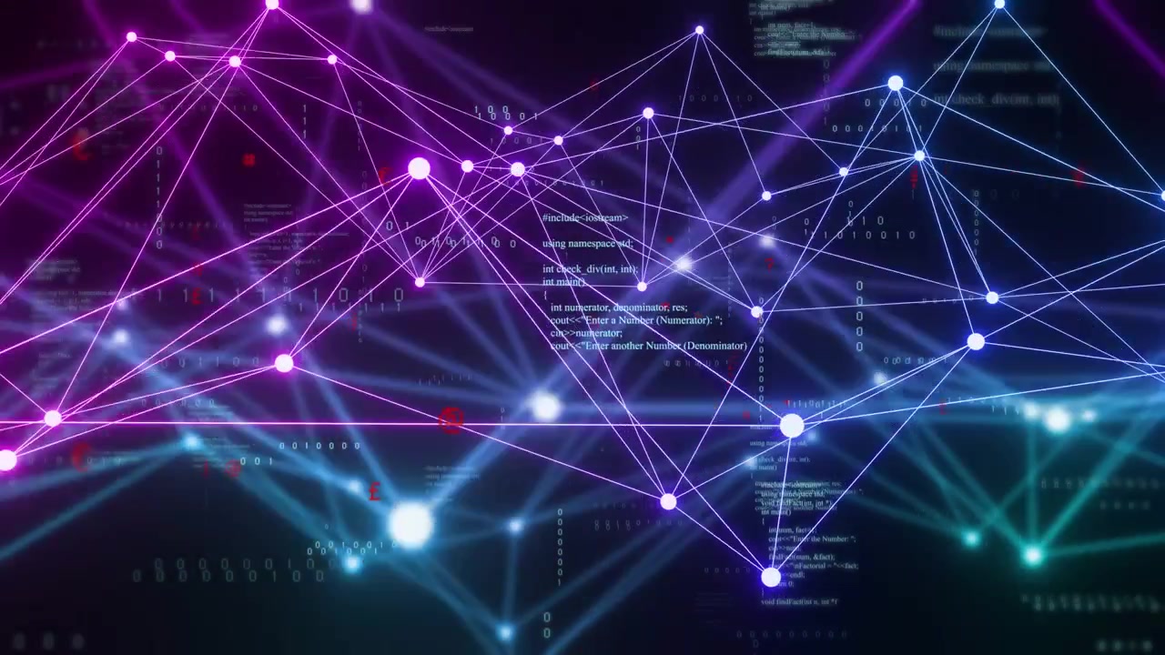 Glowing network mesh pulsing and reshaping, triggered by emerging magenta nodes to show data links