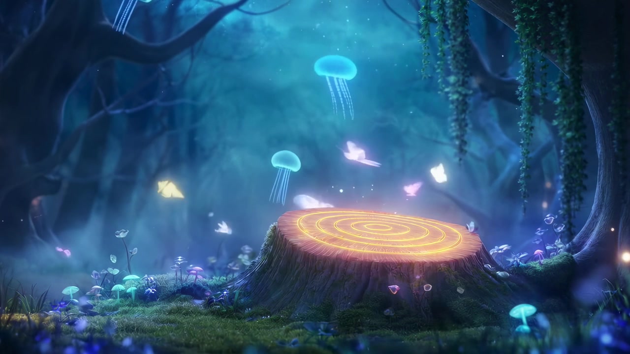 Magica foresta incantata con ceppo d'albero luminoso, farfalle e meduse