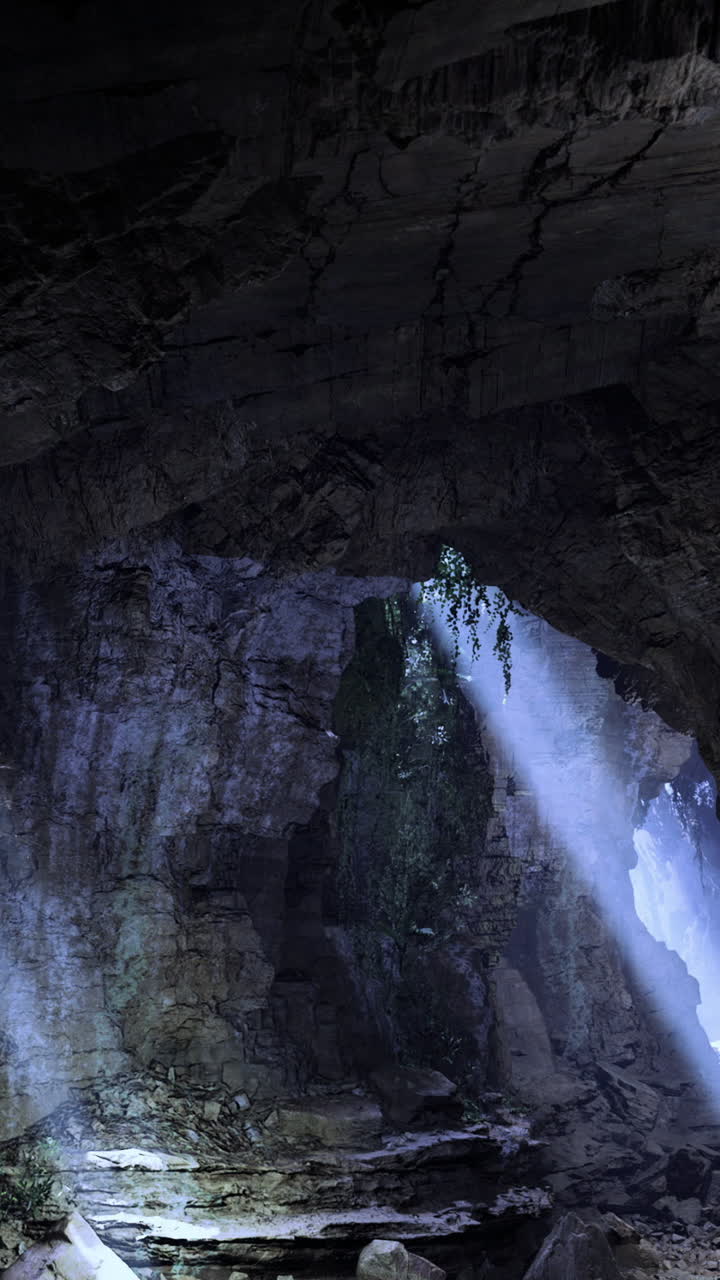 Raggi di luce naturale illuminano un’antica grotta in un luogo remoto