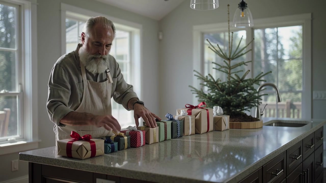 Placing red ribbon box, senior wearing apron lining wrapped gifts in kitchen for holiday near tree