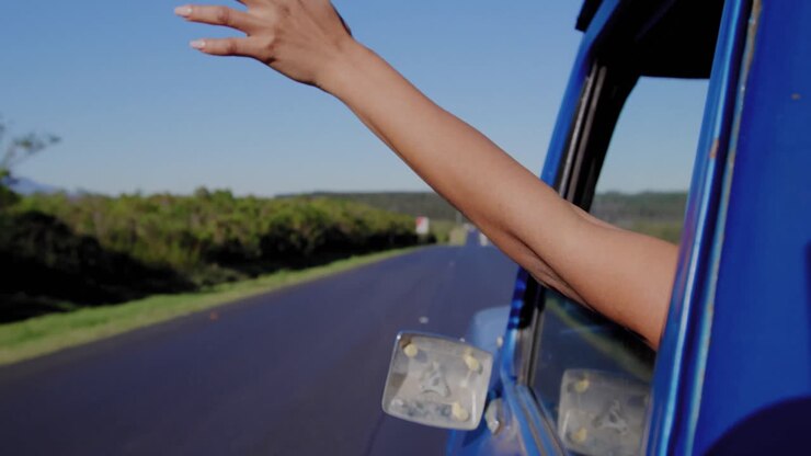 Giovane donna in viaggio on the road su un pick-up